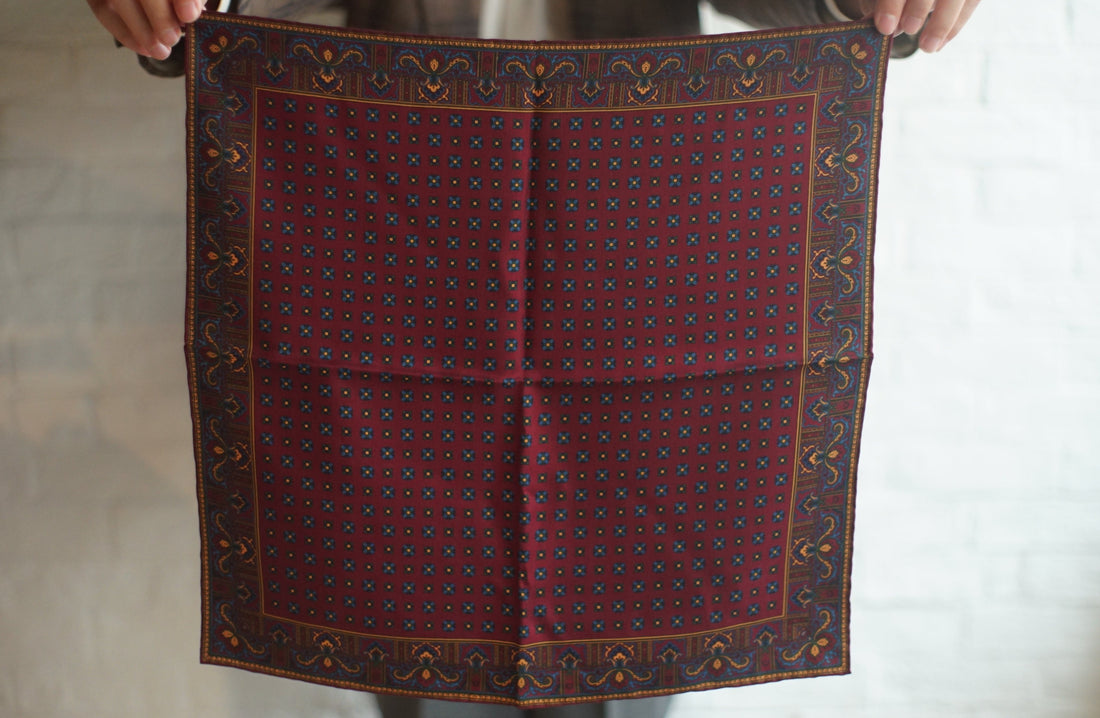Burgundy & Navy Medallion Madder Silk Pocket Square