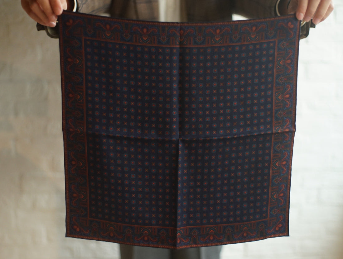 Navy & Gold Medallion Madder Silk Pocket Square