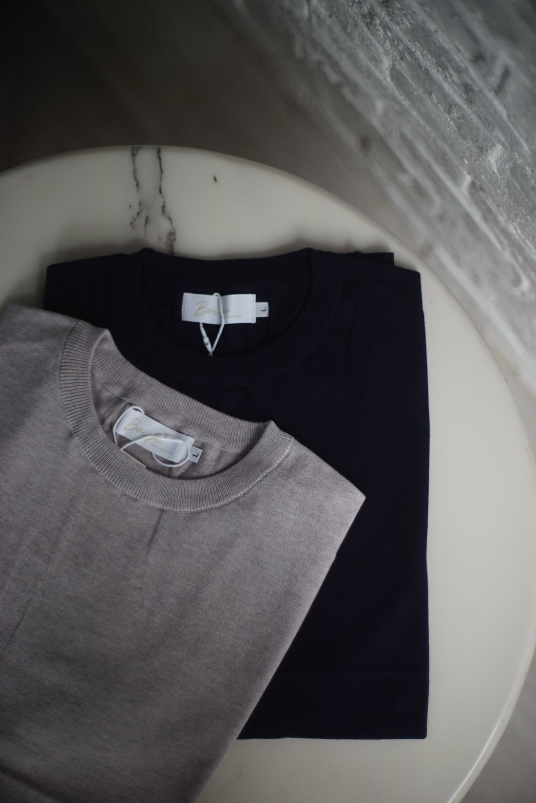 Short Sleeve Knitted Tee (Light Grey, Navy)