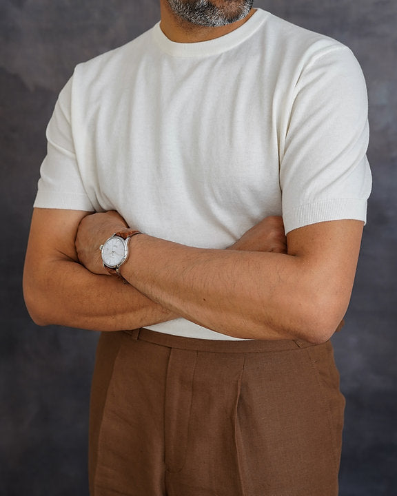 Short Sleeve Knitted Tee (Cream White, Sandstone)