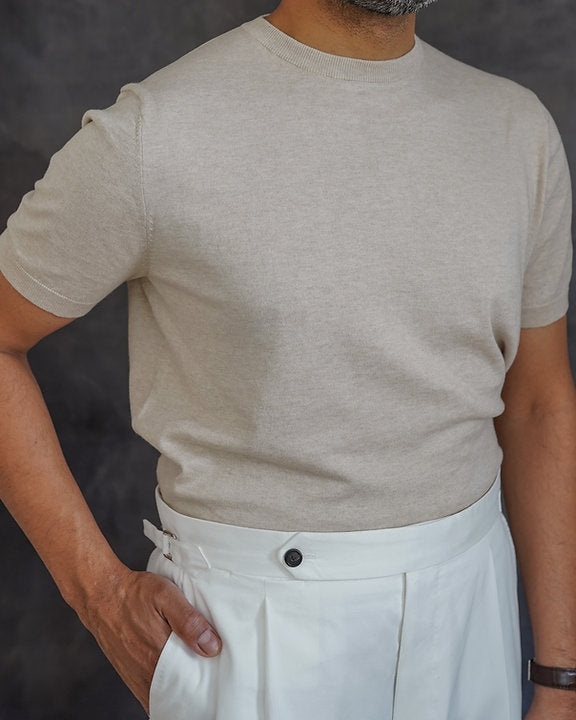 Short Sleeve Knitted Tee (Cream White, Sandstone)