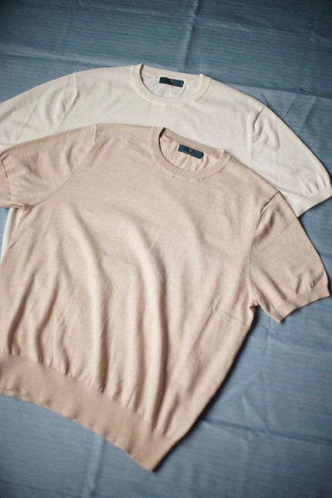 Short Sleeve Knitted Tee (Cream White, Sandstone)