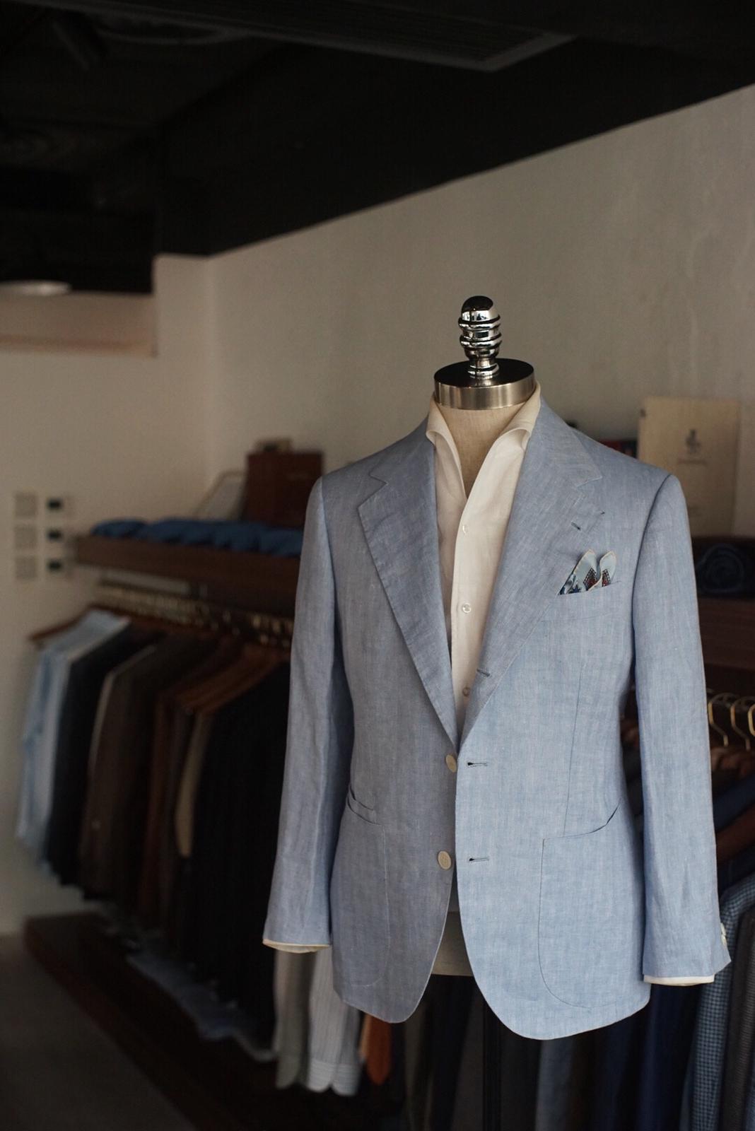 Holland and Sherry Light Blue Herringbone Linen Jacket [Made-to-Measure (MTM)]