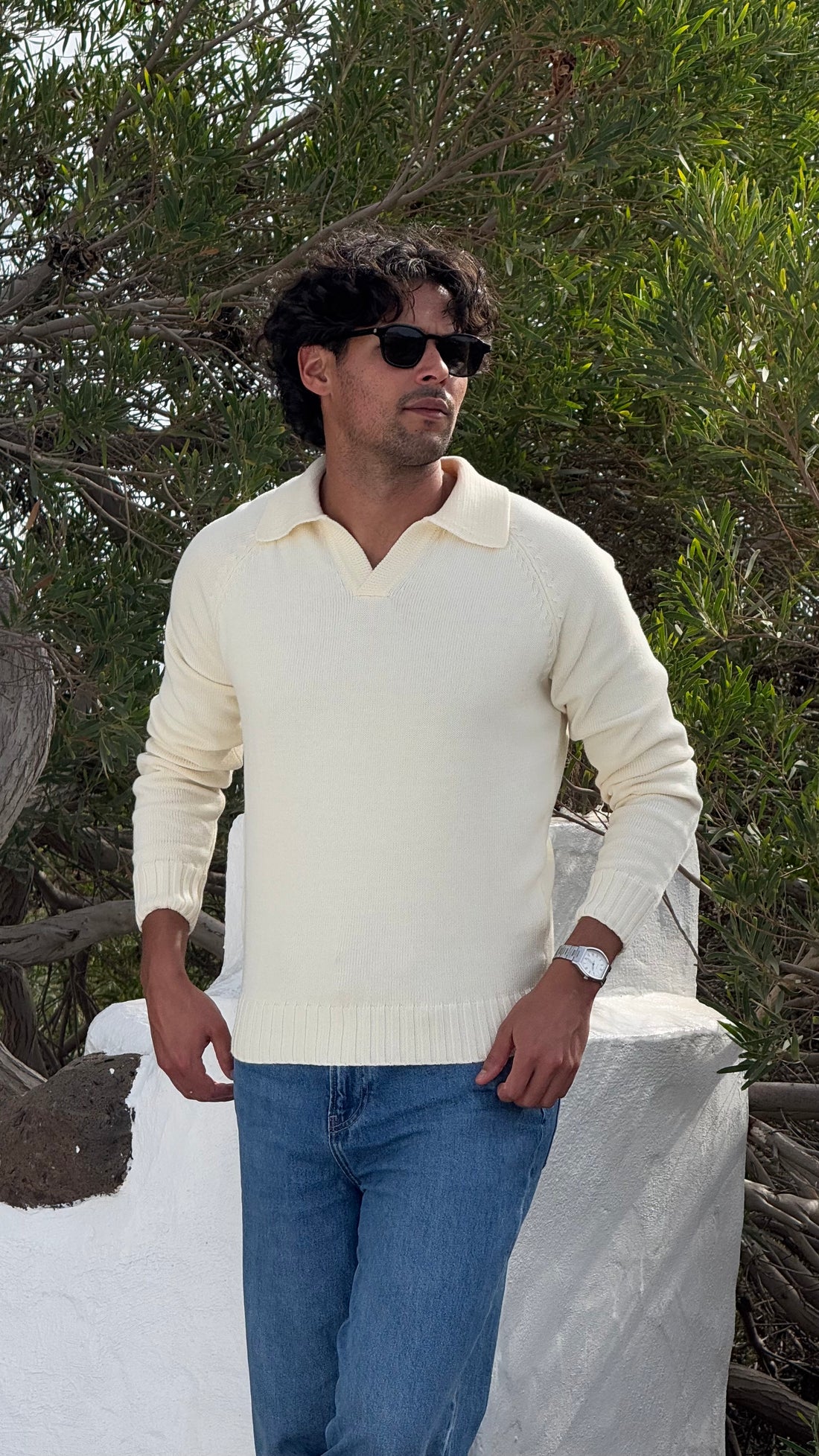 Ecru White Long Sleeve Polo