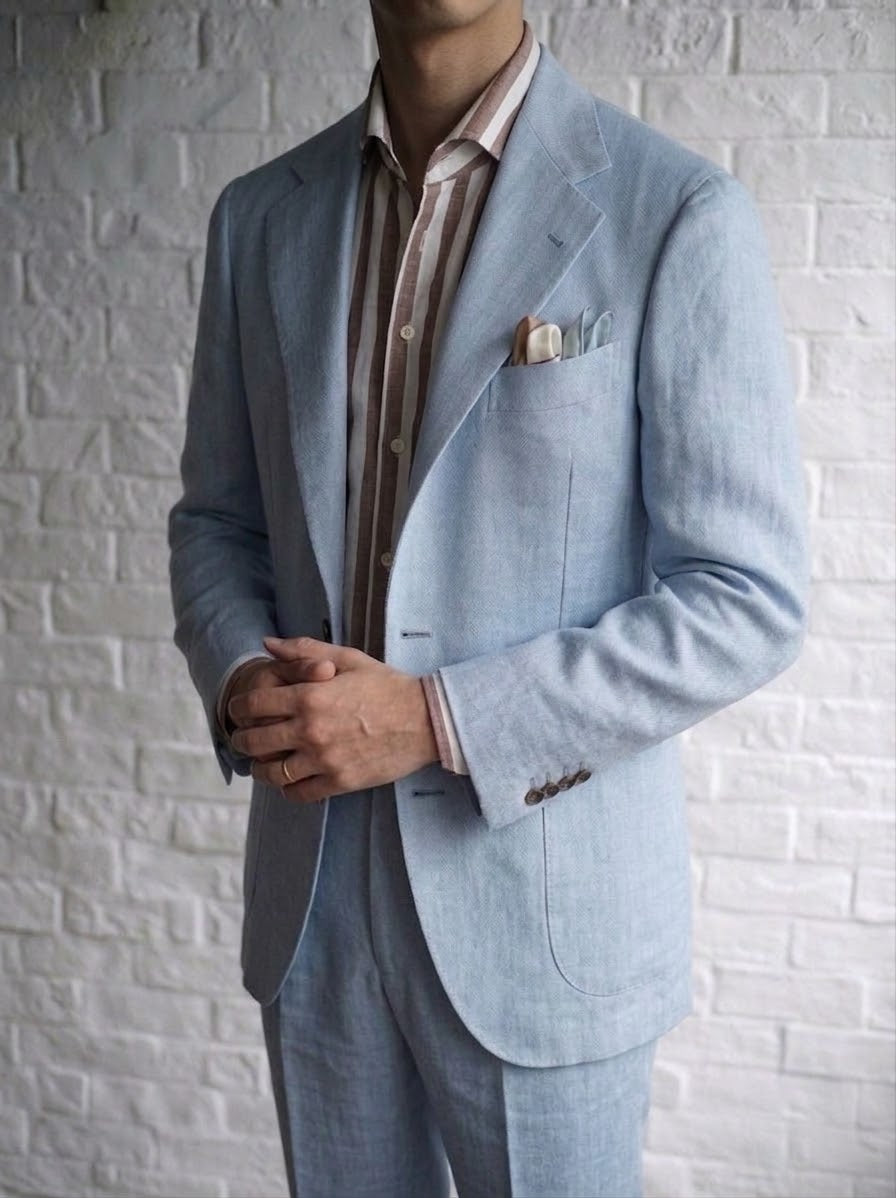 Holland and Sherry Light Blue Herringbone Linen Jacket [Made-to-Measure (MTM)]