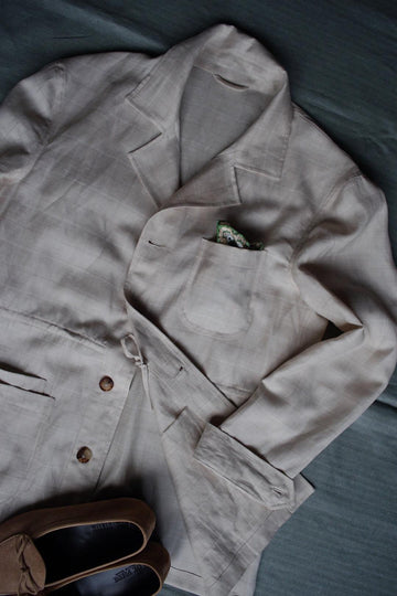 Beige Windowpane Linen Caribbean Overshirt Jacket [Made-to-Measure (MTM)]