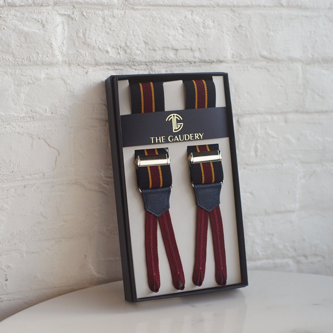 Suspenders (Navy Red Yellow Stripe / Navy Leather)